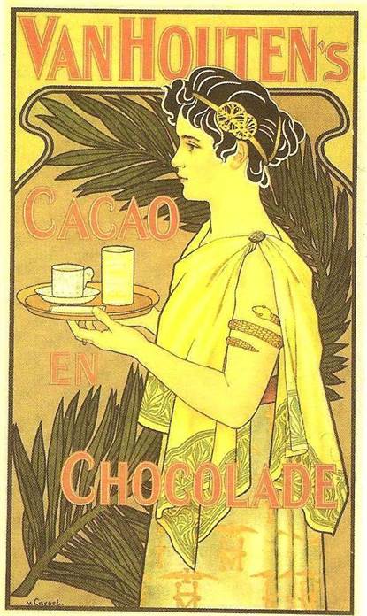 Publicité pour le chocolat Van Houten conçue par Johann Georg Van Caspel en 1899. Le procédé de Van Houten a participé à la démocratisation du chocolat. plantes_cacao