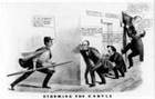 Caricature de 1860 : les autres candidats tentent d'entrer dans la Maison Blanche pendant que le vigile Lincoln fait sa ronde... 800px-Storming_the_castle_1860_election
