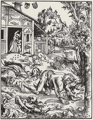 Le loup-garou, par Lucas Cranach l’Ancien, vers 1512, gravure sur bois. loup_garrou_gravure