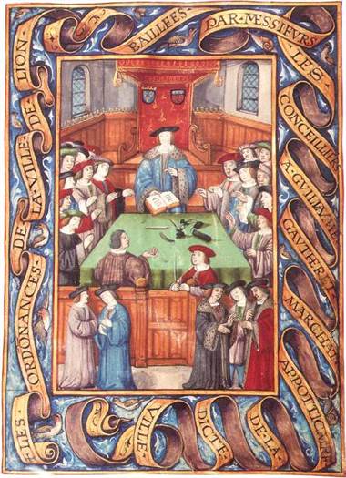 Une des premières représentations du conseil municipal de Lyon, Le Garbeau de l'épicerie, 1519, Archives Municipales de Lyon  Conseil Municipal de Lyon