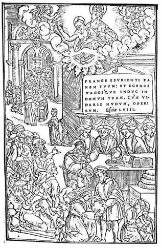 L’aumône générale en 1531 : distribution du pain par les recteurs, frontispice de la Police de l’Aumosne de Lyon, 1539 Laumone générale